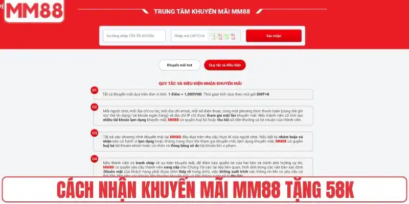 Cách nhận khuyến mãi MM88 tặng 58K